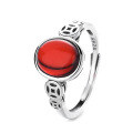 wholesale S925 Sterling Silver Retro Antique Coin Red Agate Blood Amber Stone Chinese Vintage Style Trendy Adjustable Ring for Women-0-6