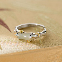 wholesale S925 Sterling Silver Fresh and Sweet Ins Style Niche Design Green Jade Bamboo Joint Bamboo Leaf Ring R02789-S925 silver ring Adjustable opening