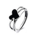 wholesale S925 Sterling Silver Retro Resin Enamel Black Heart Double-Layer Interlaced Open Adjustable Index Finger Ring-0-4