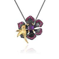 wholesale 925 Silver Secret Garden Designer Brooch Pendant Two-Way, Birds Singing and Flowers Fragrant Design with Natural Amethyst Necklace-Natural amethyst pendant (with silver chain)
