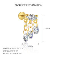 wholesale S925 Sterling Silver Geometric Circle Zirconia Tassel Chain Earrings For Women-E5349-Gold/Single 925 Silver