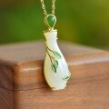 wholesale Silver with certificate new Chinese style natural jade pendant, cold enamel bamboo leaf jasper buckle vase Hetian jade necklace pendant-0-1