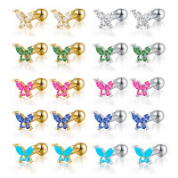 wholesale 925 Sterling Silver Butterfly Ear Studs Ins Style Colorful Zircon Earrings Piercing Screw Earrings for Women Cross-Border Wholesale-Platinum-Blue Diamond