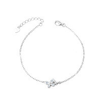 Sterling Silver Butterfly Flower Bracelet with Marquise Moissanite-Butterfly and Flower Bracelet (White Gold)  40-point Moissanite (2 x 4mm (10 points) / 2 teardrop-shaped stones, 1.5 x 3mm)