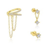 wholesale S925 Sterling Silver Cross-border Fashion Earrings For Women, Double-layer Fringe Chain, Zircon Inlaid, Versatile Luxury-Single three-piece set 925 silver