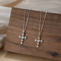 wholesale Metal Cross Full Diamond Pendant Necklace Women's New Fashion Minimalist Design Wholesale-925 sterling silver, electroplated platinum, 5A zircon, 45cm, 1.61g 925 silver