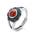 wholesale S925 Sterling Silver Ethnic Style Antique Matte Craft Resin Enamel Sunflower South Red Agate Ring-0-4