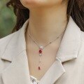 wholesale S925 Silver European and American Cross-Border Cultivated Rose Red Gem Long Pendant Necklace for Women, Inlaid with Colored Gems, Fashionable and Light Luxury-0-3