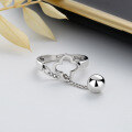 wholesale S925 Sterling Silver Hollow-Out Four-Leaf Clover Stitched Tassel Ball Chain Ring Elegant Fashion Creative Style Band-0-3