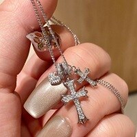 wholesale S925 Sterling Silver Love Inlaid Diamond Circle Double Cross Necklace Fashion Luxury Versatile Niche Minimalist Collarbone Chain-Double Cross Necklace - Yellow Gold &gt; 925 Silver