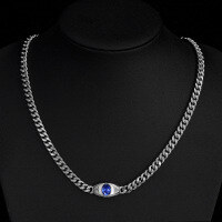 wholesale 925 Silver Spell New 2 Carat Egg-shaped 7*9 Tanzanian Evil Eye Necklace European and American Cuban Chain 48cm-Tanzanite 7*9 [P-2140] Chain width 7mm Chain length 48cm
