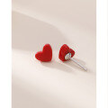 wholesale S925 Sterling Silver Small Red Heart Earrings for Women, Minimalist Korean Style, Dainty Ear Piercing Red Heart Stud Earrings-0-3