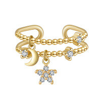 wholesale S925 Sterling Silver Cloud-Pull Jewelry Open-Ended Ring with Star and Moon Pendant, Minimalist Design Adjustable Band-14k gold 2.27g Adjustable opening