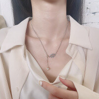 wholesale S925 Sterling Silver Zircon Inlaid Pig Nose Round Ball Tassel Necklace, Ins Fresh Daily Korean Style Versatile Collarbone Chain-457L/approximately 7.9g 925 silver
