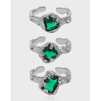 wholesale S925 Sterling Silver Korean Version Ins Niche Design Irregular Micro-Set Zircon Textured Open Adjustable Ring for Women-JF1264【Green Stone】 Adjustable opening