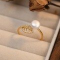 wholesale 925 Silver Trendy Zircon Inlaid Leaf Ring for Women, Ins Fashion Versatile Minimalist Open Adjustable Band-0-1