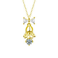 Sterling Silver Moissanite Bell Necklace with Bow Pendant-Bow and bell necklace (gold)  30-point moissanite (925 silver)