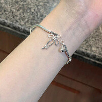 wholesale 999 Silver Wave Bracelet for Women, Japanese Korean Minimalist Niche Bow Bell Young Style Pure Silver Open Bangle-Bow bracelet - approx. 17g pure silver