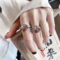 wholesale S925 Silver Vintage Tree Bark Pattern Flower Red Agate Rustic Creative Trendy Adjustable Ring-0-3