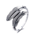 wholesale S925 Sterling Silver Vintage Antique Ginkgo Double Feather Ring, Simple and Elegant Minimalist Understated Style for Women-0-4