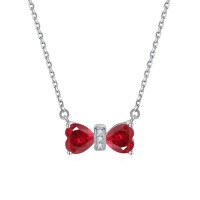 wholesale 925 Sterling Silver Double Heart Shaped Lucky Stone Zircon Pendant Bow Necklace for Women Small Collarbone Chain Ins Wholesale-Red Corundum [July]>925 Silver