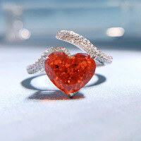 wholesale 925 silver jewelry, European and American new style Padparadscha color high carbon diamond ring, set with 8*10 heart-shaped women's ring-K016 Customization 10 pieces or more Red diamonds &gt; Opening adjustable