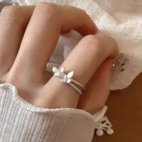 wholesale S925 Sterling Silver Exquisite Minimalist Ins Niche Double-Layer Twisted Stripe Butterfly Open Ring R02435-S925 silver ring>Adjustable opening