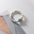 wholesale S925 Sterling Silver Ring with Gold Bean, Crushed Silver, Amazonite, and Blue Aventurine Irregular Cut Women's Ring R00605-0-3