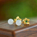 wholesale Gold-plated 925 Sterling Silver Flower with Inlaid Jade Ear Studs, Retro-style Elegant Hetian Jade Earrings-0-1