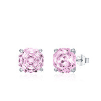 Silver 925 Rose-Cut Flash Diamond Stud Earrings, Wholesale-8.0mm [Pink]