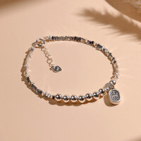 wholesale S925 Sterling Silver A Few Taels of Broken Silver Bracelet for Women, Light Luxury Small Design, Health and Happiness Tag, Silver Bead Bracelet-SL010338 (s925 silver broken silver tag bracelet) 925 silver