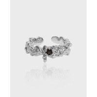 wholesale S925 Sterling Silver Asymmetric Zircon Inlay Textured Open Ring for Women, Korean Version Ins Niche Design-Platinum [White Stone] &gt; Opening adjustable