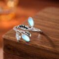 wholesale 925 Sterling Silver European and American Cross-Border New Style Tree Leaf Ring Vintage Niche Moonstone Adjustable Index Finger Ring for Women-0-0