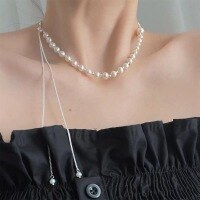 wholesale S925 sterling silver drawn stretch natural freshwater pearl broken silver necklace for women, small and unique heavy-duty choker-Pure silver + natural freshwater pearls (70CM retractable and adjustable)