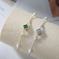 wholesale 925 Sterling Silver Synthetic Malachite Four-Leaf Clover Anklet with Pearl for Girls, High-End Sense Bead-0-0