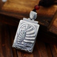 wholesale 990 Sterling Silver Retro Matte Square Pendant with Buddha and Dragon Pattern, Unisex Long Necklace for Women and Men-Smooth Sailing Single Pendant (without string)  Pure Silver