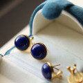 wholesale S925 silver inlaid retro natural royal lapis lazuli ear clips large bread lapis ear studs fashionable minimalist earrings-0-2