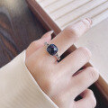 wholesale S925 sterling silver vintage distressed creative square sugar black sandstone open ring Korean-style minimalist index finger ring for women-0-0