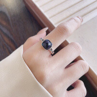 wholesale S925 sterling silver vintage distressed creative square sugar black sandstone open ring Korean-style minimalist index finger ring for women-1354J/approx. 3g>Adjustable opening