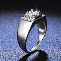 925 Sterling Silver Moissanite 1ct Classic Four-Prong Men's Band Ring Live-1 carat (moissanite)  Adjustable opening