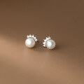 wholesale S925 Sterling Silver Sweet Row of Diamonds Pearl Crown Stud Earrings for Women, Korean Style Petite Student Earrings M02041-0-3