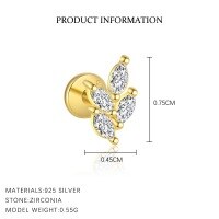 wholesale S925 Sterling Silver Cross-border Small Bee Earrings, Women's Fashion Marquise Zircon Flower Ear Stud Set Wholesale-E4730_White Zirconium_18K Yellow Plated_Single 925 Silver