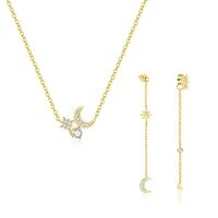 wholesale S925 Sterling Silver European-american French Style Light Luxury Star Moon Flash Zircon Earrings For Women, Hexagram Elegant Tassel Earrings-Single three-piece set 925 silver