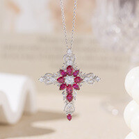 wholesale Metal material first: Cloudsame Jewelry Fine Craft Retro Lab-Grown Pigeon Blood Red Ruby Cross Pendant Red Corundum Colored Gemstone Necklace for Women-Ruby Pendant Necklace S925 Silver Gold Plated
