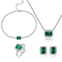 wholesale S925 Sterling Silver 15ct 6*8mm Rectangular Cultured Zambian-Color Cultured Emerald Necklace Light Luxury Four-Piece Set-Zambian Cultured Emerald 6#【R-1271】 925 Silver