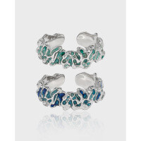 wholesale S925 Sterling Silver Original Design Small Batch Irregular Textured Ethnic New Chinese Style Openable Ring for Women-Platinum [Green glaze dripping] Opening adjustable