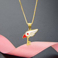 wholesale 925 Sterling Silver Cartoon Enamel Drip Magic Girl Sakura Bird Head Key Necklace for Women, Amazon Cross-Border Best Seller-Gold Single Pendant 925 Silver