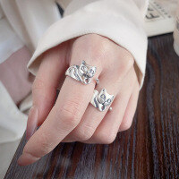 wholesale Metal S925 Sterling Silver, Minimalist Cute Three-Dimensional Cat Design Open Adjustable Ring, Instagram Viral Trendy Index Finger Ring-1169J/polished about 4.2g Opening adjustable