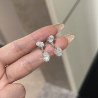 wholesale S925 Sterling Silver Rear Hook Double Stone Oval Diamond Suspension Earrings, Convertible Minimalist and Versatile Ear Accessories for Women-Platinum 925 silver