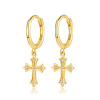wholesale S925 Sterling Silver Micro-Pave Zircon Cross Pendant Hoop Ear Clasp Fashionable and Creative Design Earrings-Style 2-Gold 925 Silver